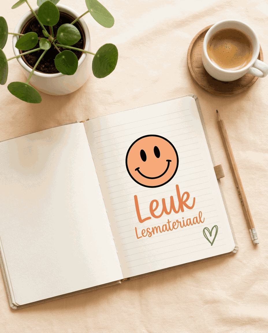 Notitieboek met Leuk Lesmateriaal logo en koffie